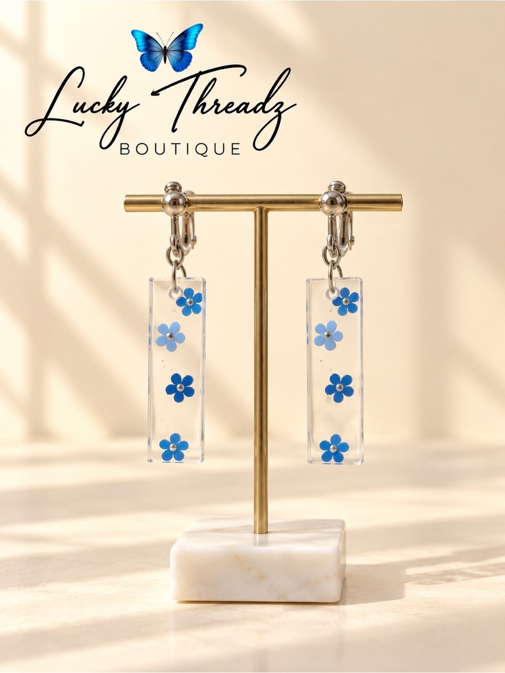 Clear Resin Blue Flower Bar Drop Clip On Earrings Y2K Indie Jewelry